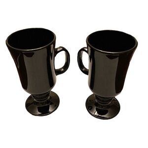 Vintage Libbey Black Glass Irish Coffee Mugs Pedestal Halloween Goth S/2 Pair